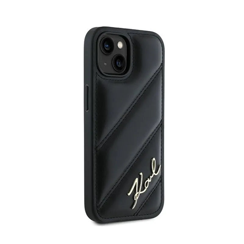 Karl Lagerfeld Diagonal Quilted Script - dėklas iPhone 15 / 14 / 13 (juodas)