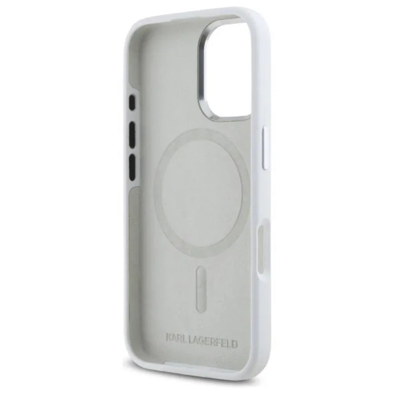 Karl Lagerfeld Silicone Shadow Metal Initial MagSafe – dėklas iPhone 16 (baltas)