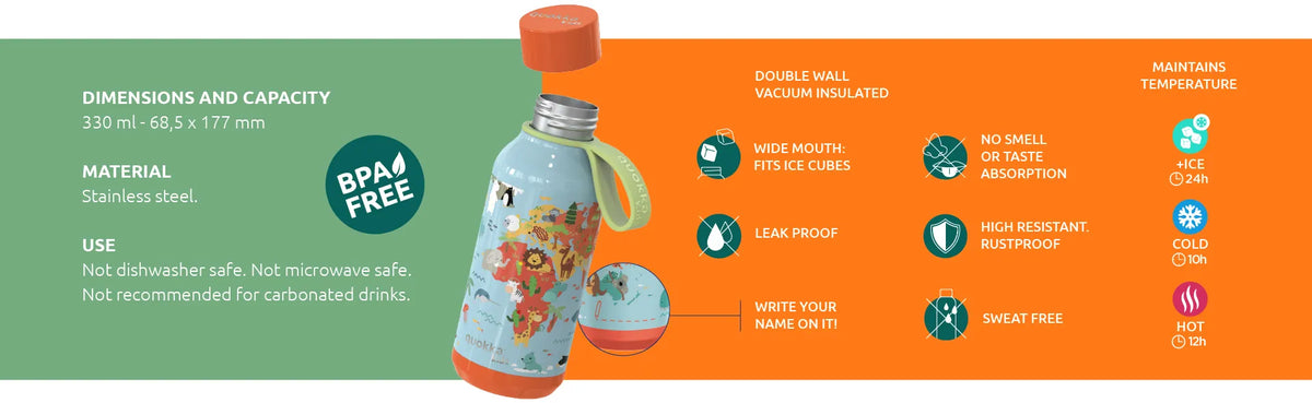Quokka Solid Kids su dirželiu – Nerūdijančio plieno termo gertuvė 330 ml su dirželiu (Zebras)