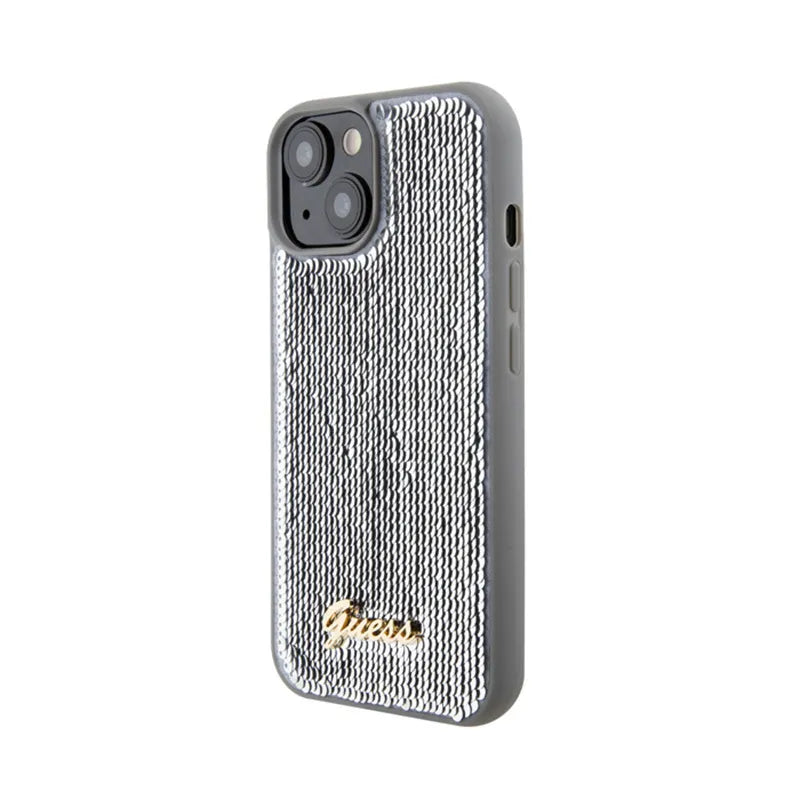 Guess Sequin Script Metal – dėklas iPhone 15 (sidabrinis)