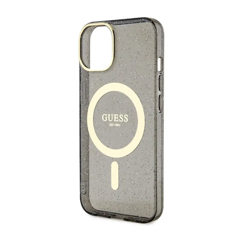 Guess Glitter Gold MagSafe – dėklas iPhone 14 Plus (juodas)