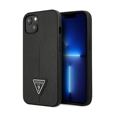 „Guess Saffiano Triangle Logo“ dėklas – dėklas „iPhone 14 Plus“ telefonui (juodas)