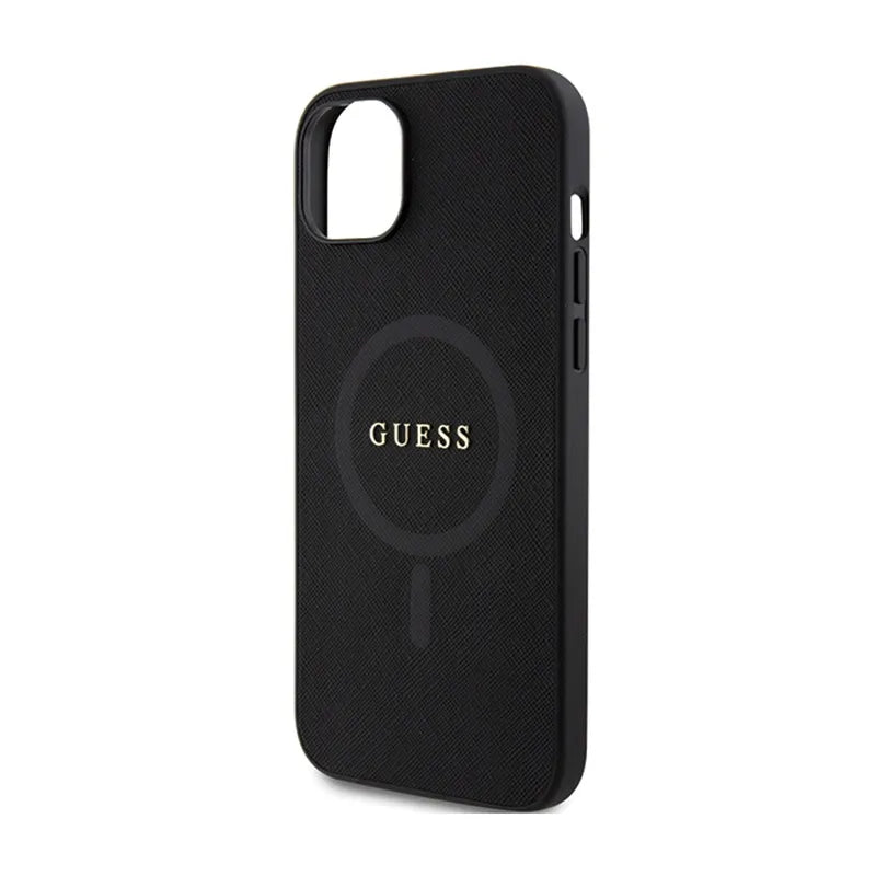 Guess Saffiano MagSafe - Dėklas iPhone 15 Plus (juodas)