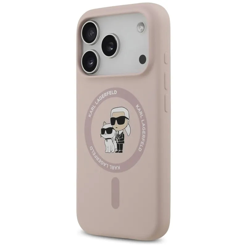 Karl Lagerfeld Silicone Karl & Choupette Ring MagSafe – Dėklas iPhone 17 Pro (rožinis)