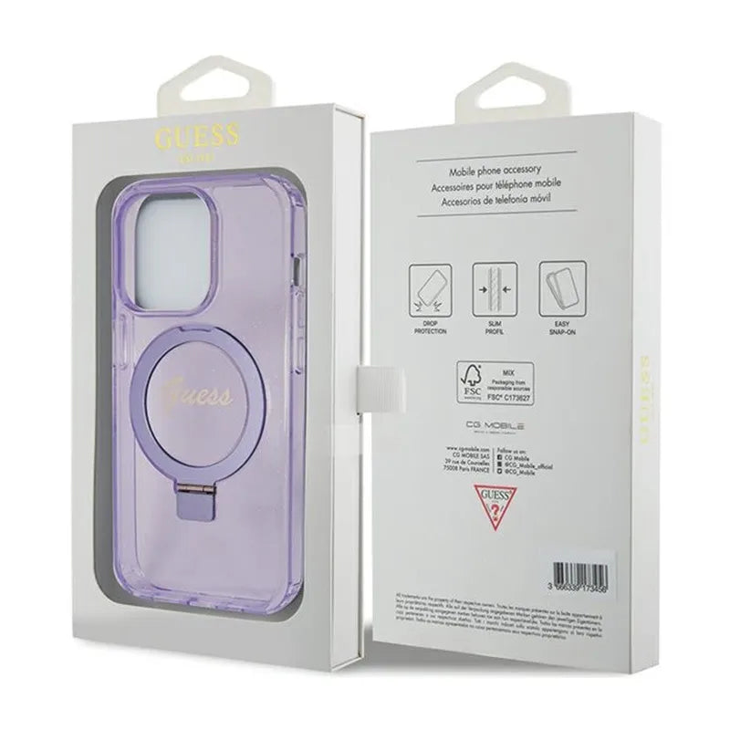 Dėklas Guess Ring Stand Script Glitter MagSafe – iPhone 15 Pro (violetinis)