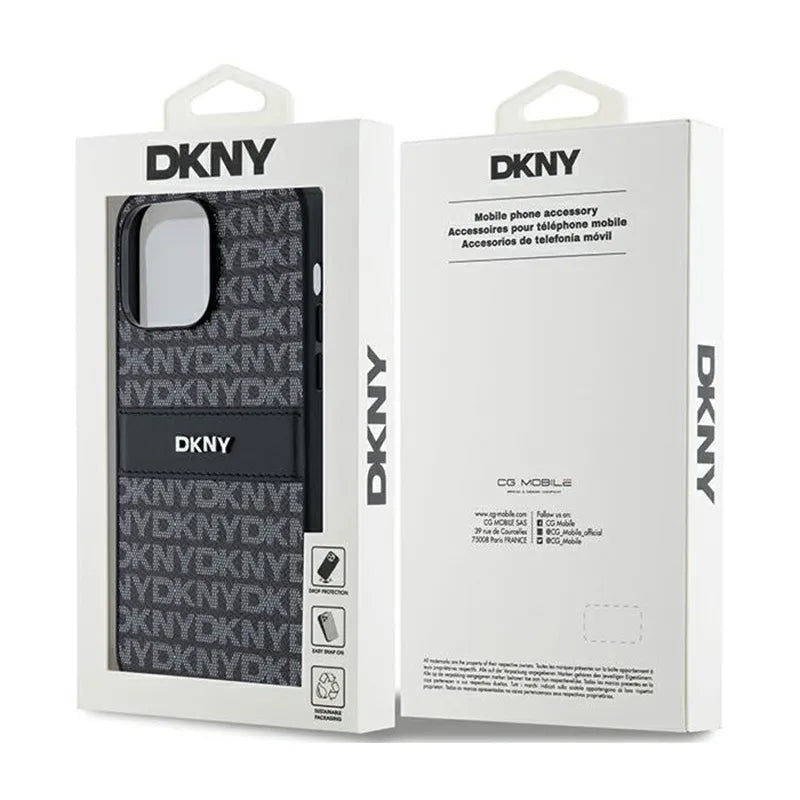 DKNY Leather Mono Stripe & Metal Logo – dėklas iPhone 14 Pro Max (juodas)