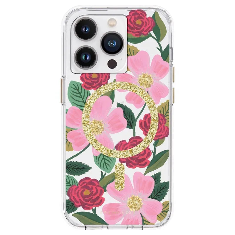 Rifle Paper Clear MagSafe - auksu dekoruotas dėklas, skirtas iPhone 14 Pro (Rose Garden)