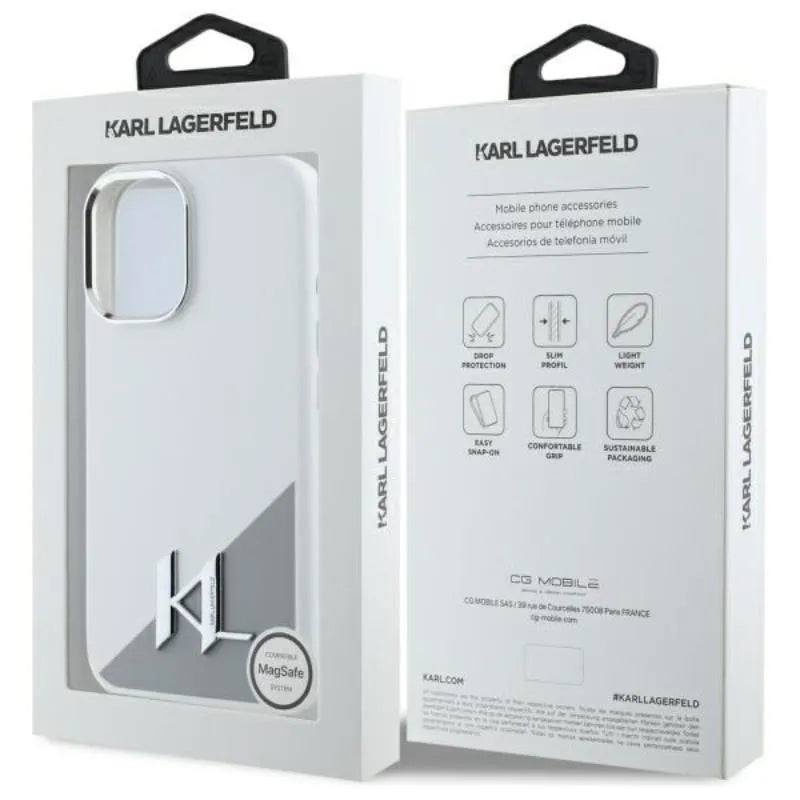 Karl Lagerfeld Silicone Shadow Metal Initial MagSafe – dėklas iPhone 16 (baltas)