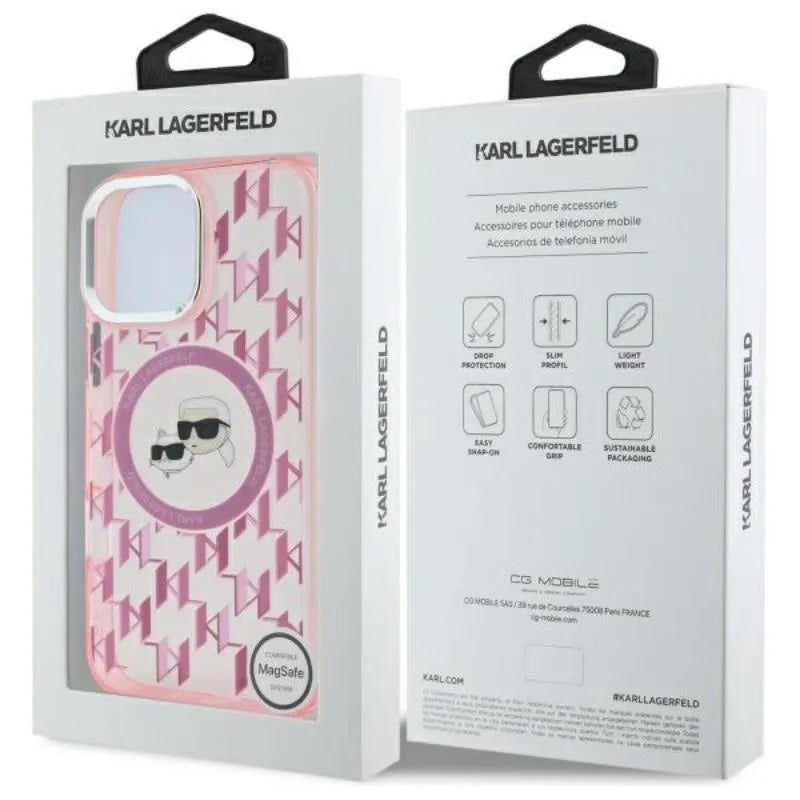 Karl Lagerfeld IML Monogram Karl & Choupette Head MagSafe – Dėklas iPhone 16 Pro (rožinis)