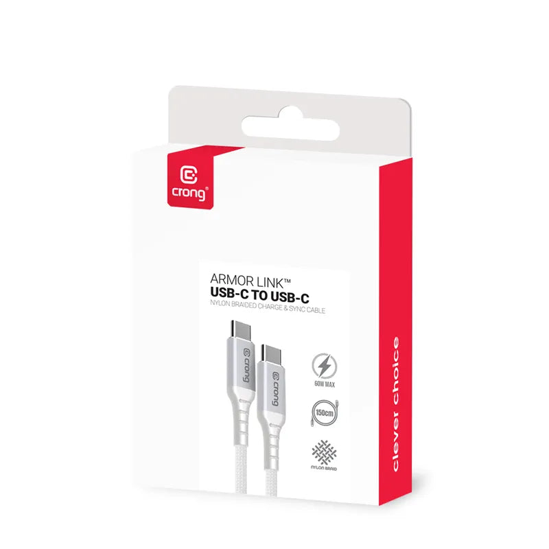 Crong Armor Link – 60 W PD 3 A USB-C – USB-C laidas 25 cm (baltas)