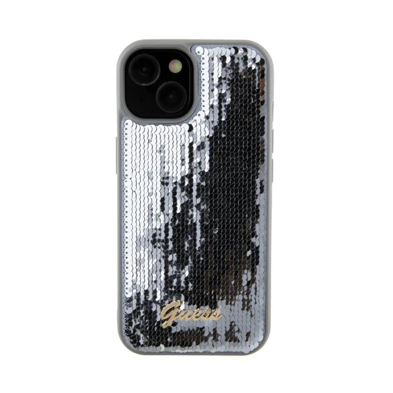 Guess Sequin Script Metal – dėklas iPhone 15 (sidabrinis)