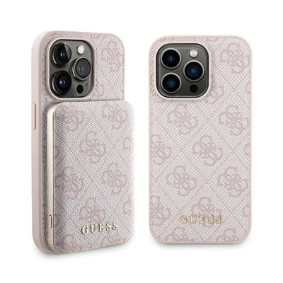 „Guess“ rinkinys „MagSafe 4G Metal Gold Logo“ – dėklo komplektas + „Power Bank“ 5000 mAh „MagSafe“ „iPhone 15 Pro“ (rožinis)