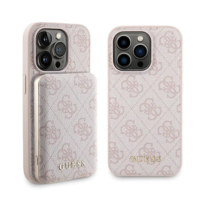 „Guess“ rinkinys „MagSafe 4G Metal Gold Logo“ – dėklo komplektas + „Power Bank“ 5000 mAh „MagSafe“ „iPhone 15 Pro“ (rožinis)