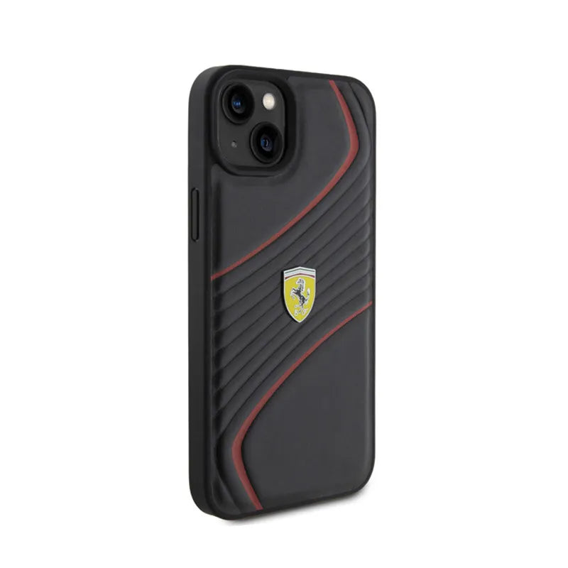 Ferrari Twist Metal Logo – dėklas iPhone 15 Plus telefonui (juodas)