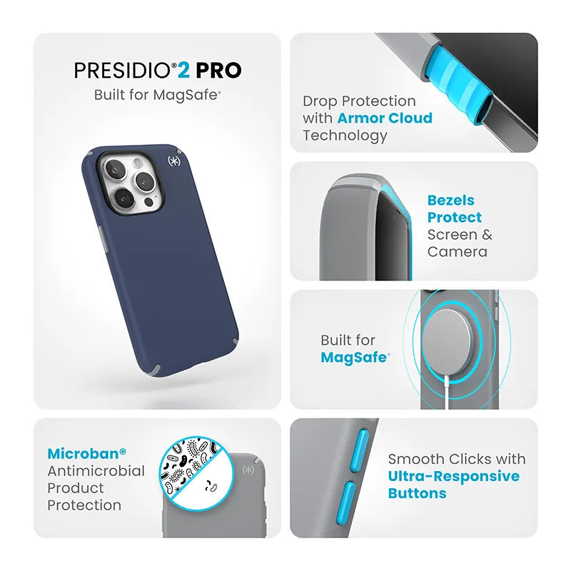 Speck Presidio2 Pro MagSafe – dėklas iPhone 15 Pro (Coastal Blue / Dust Gray / White)
