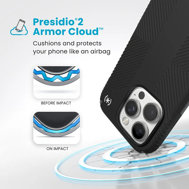 Speck Presidio2 Grip - iPhone 16 Pro dėklas (juoda / Slate Gray / balta)