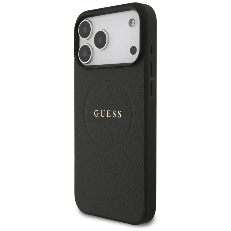 Guess Grained Ring MagSafe – Dėklas iPhone 17 Pro Max (juodas)