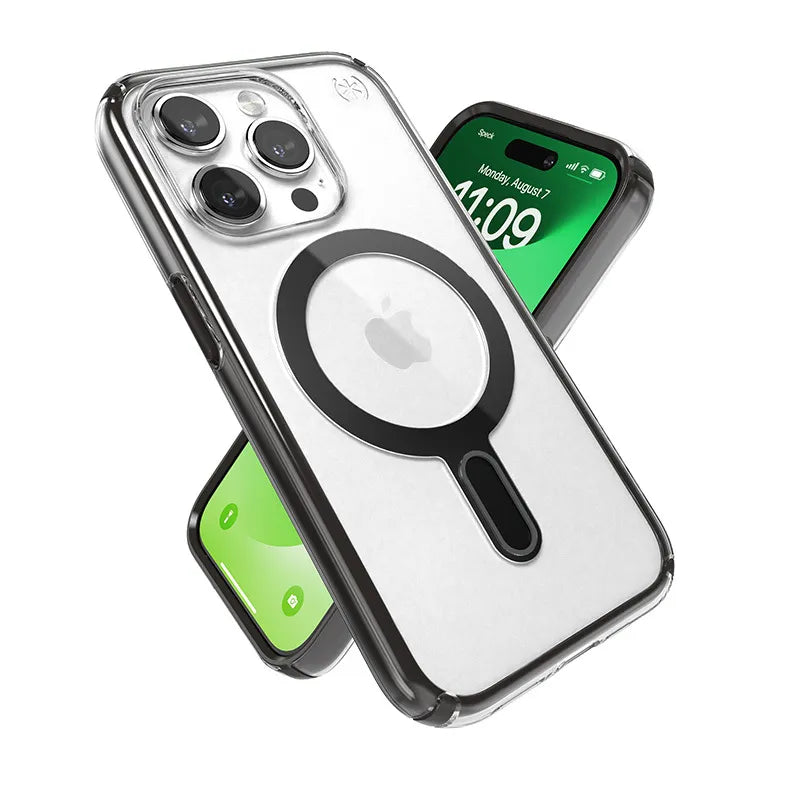 Speck Presidio Perfect-Clear ClickLock & MagSafe – iPhone 15 Pro dėklas (skaidrus / matinis juodas / pilkas)