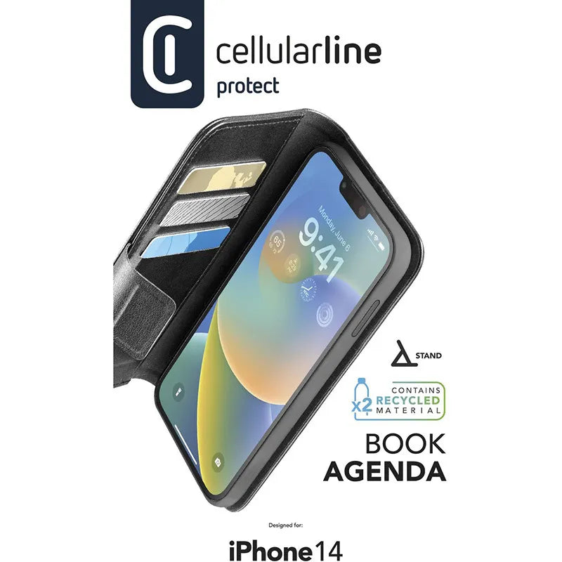 Cellularline Book Agenda – iPhone 14 dėklas su MICROBAN danga (juodas)