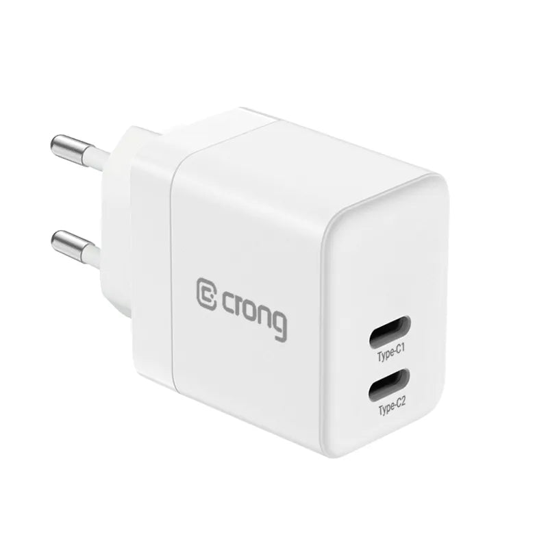 Crong Ultra Compact GaN – sieninis įkroviklis 2x USB-C 35W PD 3.0 su PPS (baltas)