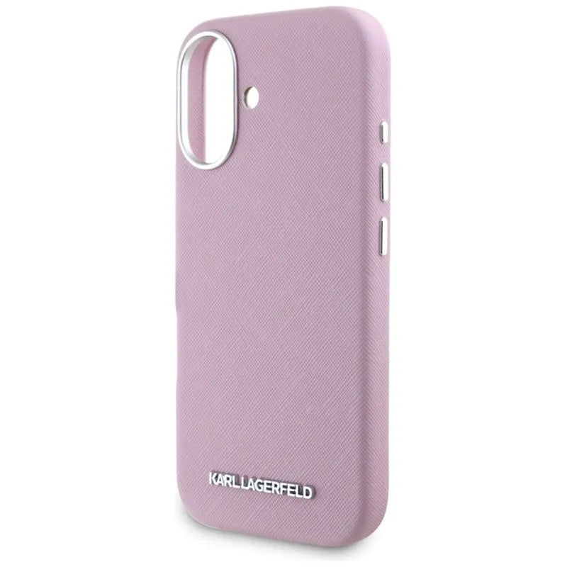 Karl Lagerfeld Saffiano Full Wrapped Elongated Metal Logo MagSafe - dėklas iPhone 16 (rožinis)