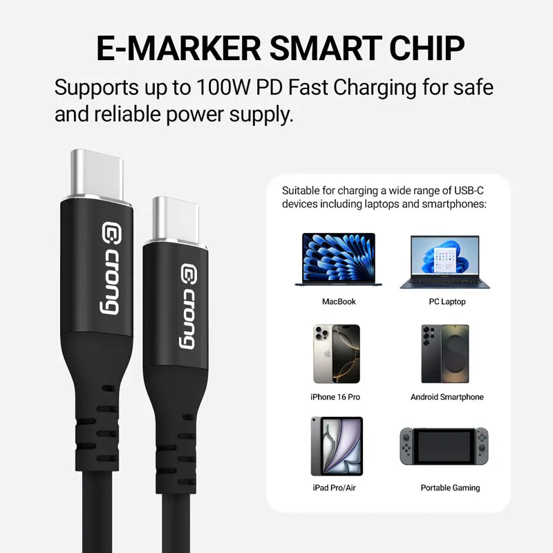 Crong Soft Link – 100W PD 5A USB-C į USB-C laidas 120cm (juodas)