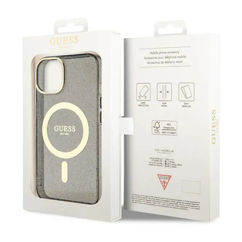 Guess Glitter Gold MagSafe – dėklas iPhone 14 Plus (juodas)