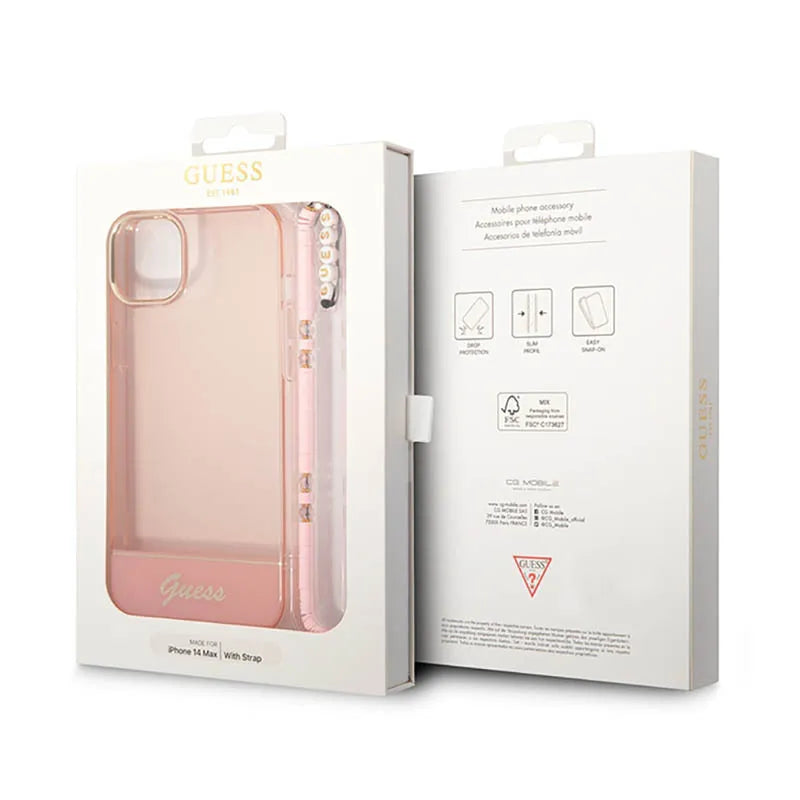Guess Translucent Pearl Strap - dėklas, skirtas iPhone 14 Plus (rožinis)