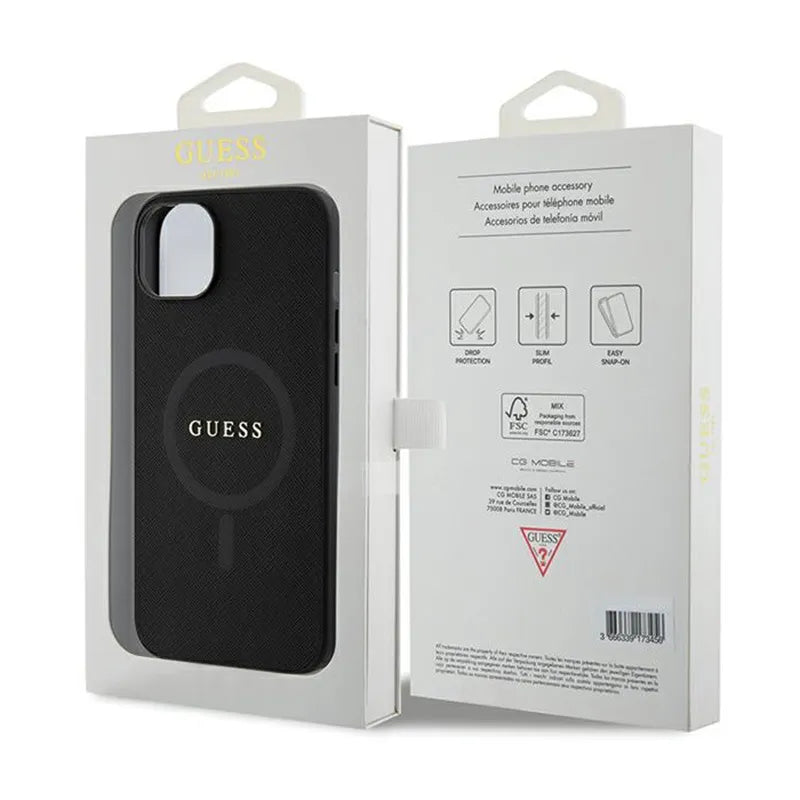 Guess Saffiano MagSafe - Dėklas iPhone 15 Plus (juodas)
