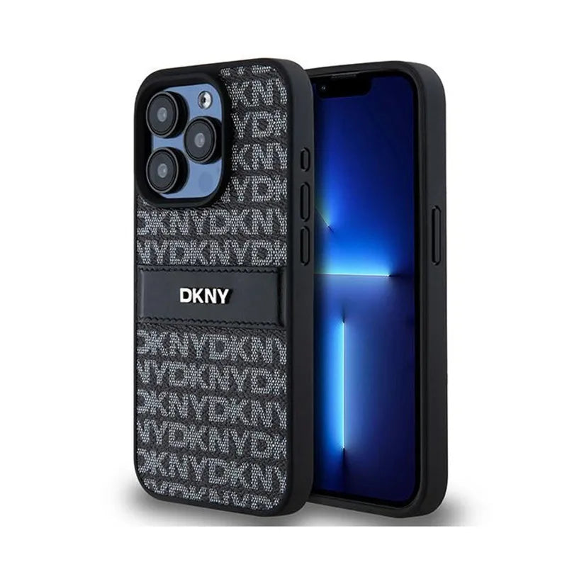 DKNY Leather Mono Stripe & Metal Logo – dėklas iPhone 15 Pro Max (juodas)