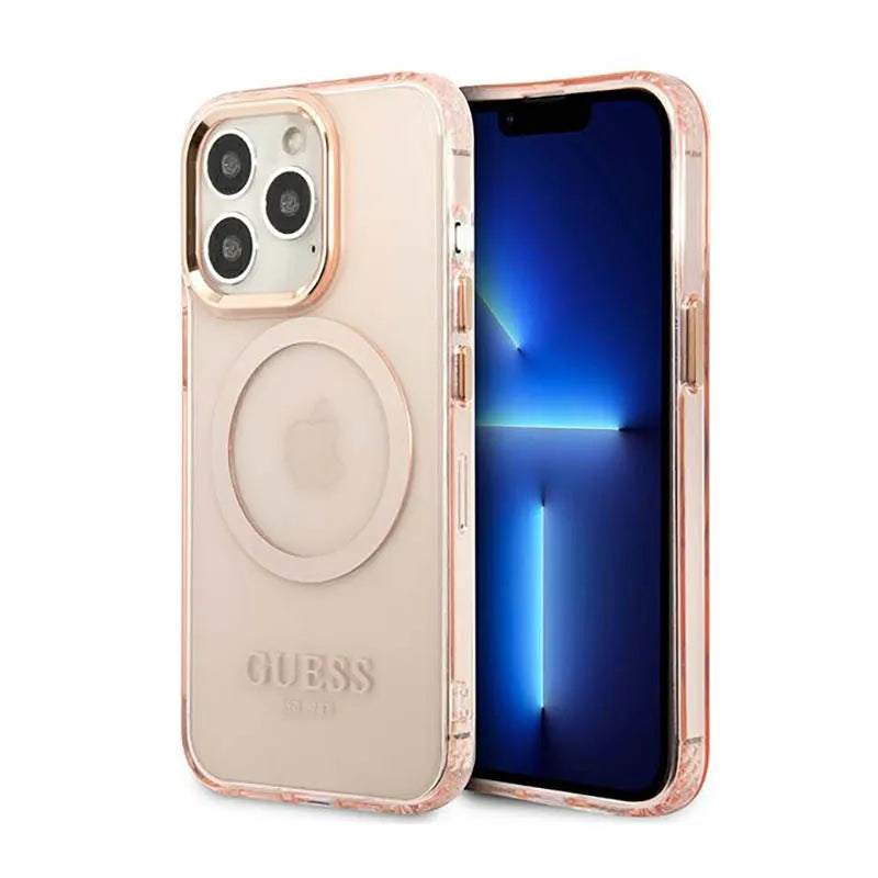 „Guess Gold Outline Translucent MagSafe“ – dėklas „iPhone 13 Pro“ (rožinis)