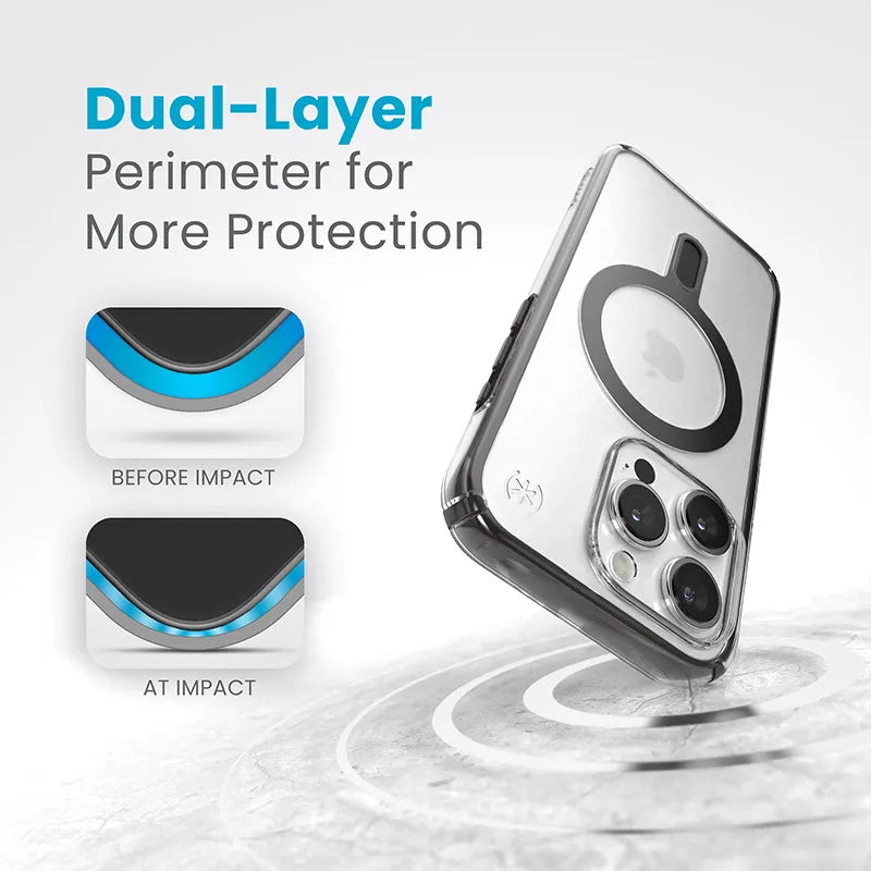 Speck Presidio Perfect-Clear ClickLock & MagSafe – iPhone 15 Pro dėklas (skaidrus / matinis juodas / pilkas)