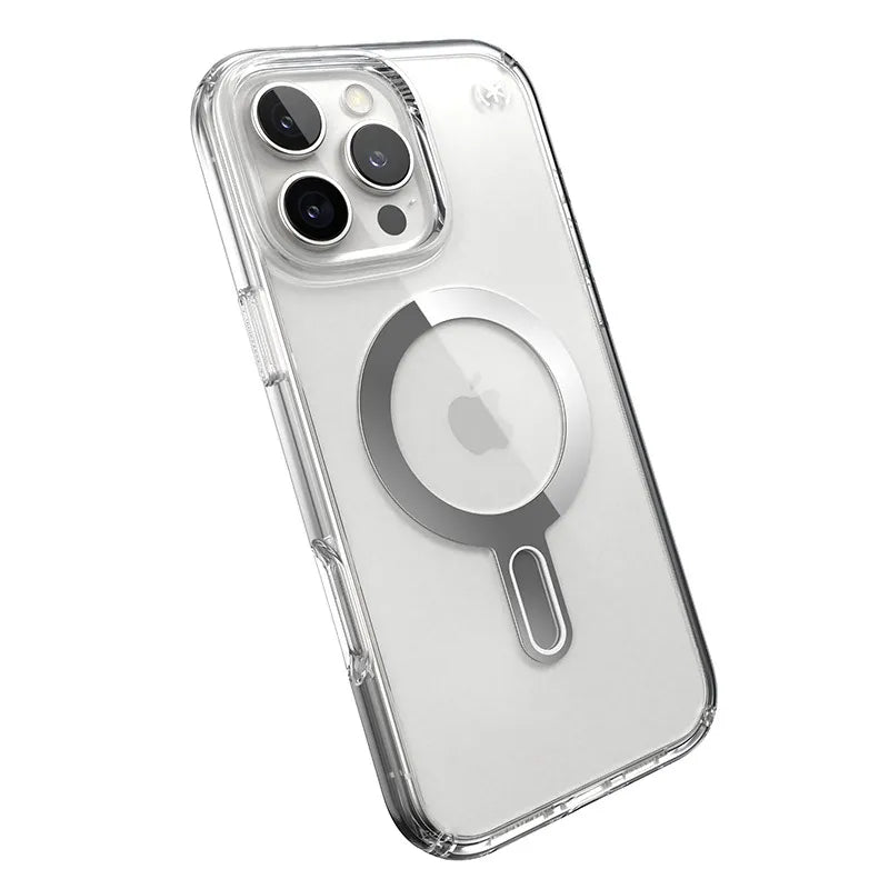Speck Presidio Perfect-Clear ClickLock & MagSafe – dėklas iPhone 16 Pro Max (skaidrus / chromuotas užbaigimas / Serene Silver)
