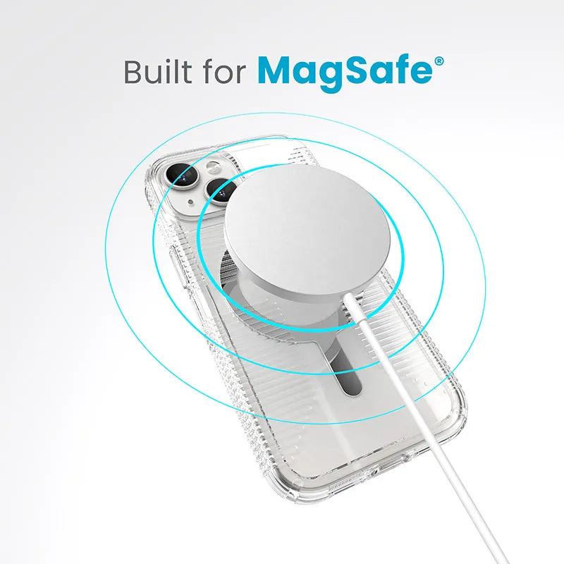 Speck Gemshell Grip + MagSafe – dėklas iPhone 17e / 16e / 15 / 14 / 13 (skaidrus / chromo apdaila)