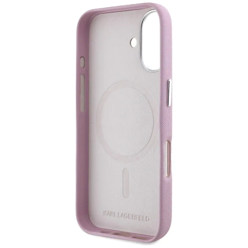 Karl Lagerfeld Saffiano Full Wrapped Elongated Metal Logo MagSafe - dėklas iPhone 16 (rožinis)