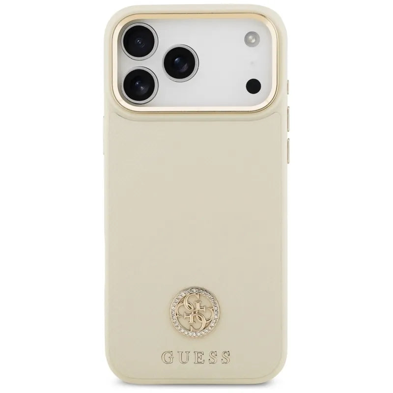 Guess Grained Strass Logo MagSafe - Dėklas iPhone 17 Pro Max (smėlio spalvos)