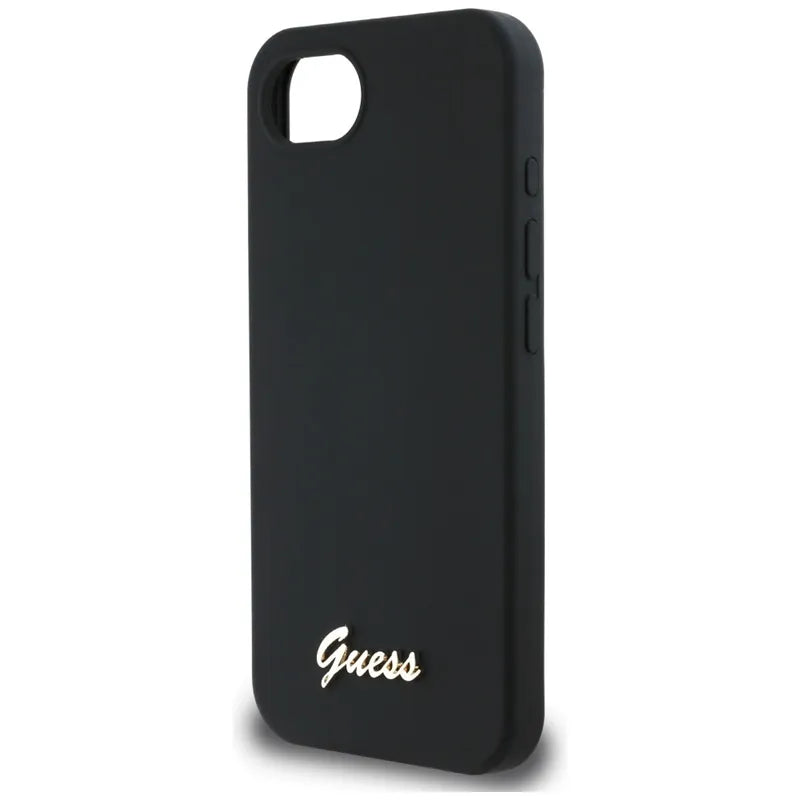 Guess Silicone Script Metal Logo MagSafe – Dėklas, skirtas iPhone 16e (juodas)