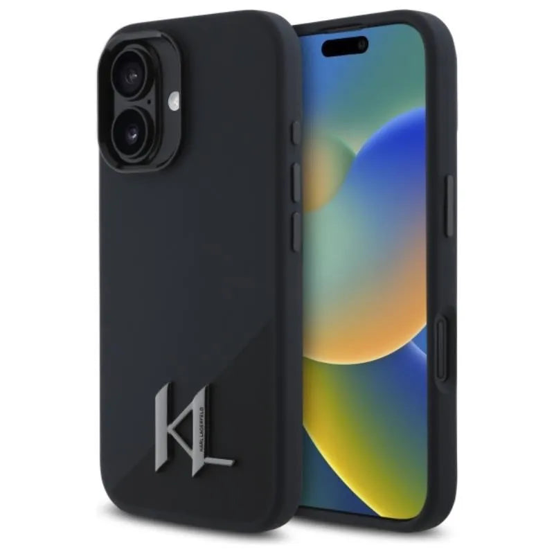 Karl Lagerfeld Silicone Shadow Metal Initial MagSafe – dėklas, skirtas iPhone 16 (juodas)