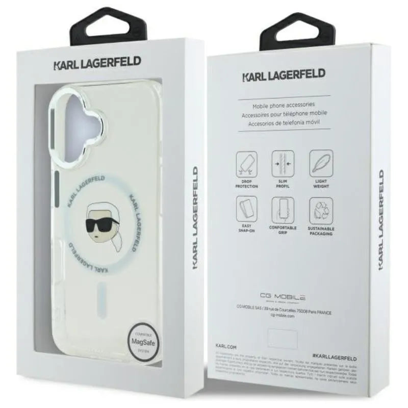 Karl Lagerfeld IML Metal Karl Head MagSafe - dėklas skirtas iPhone 16 Plus (baltas)