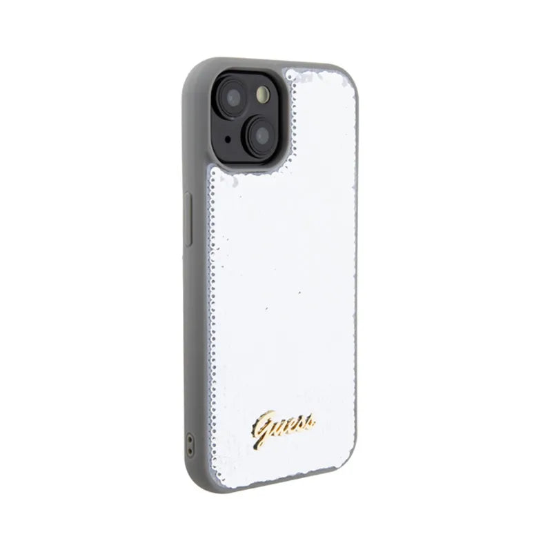 Guess Sequin Script Metal – dėklas iPhone 15 (sidabrinis)
