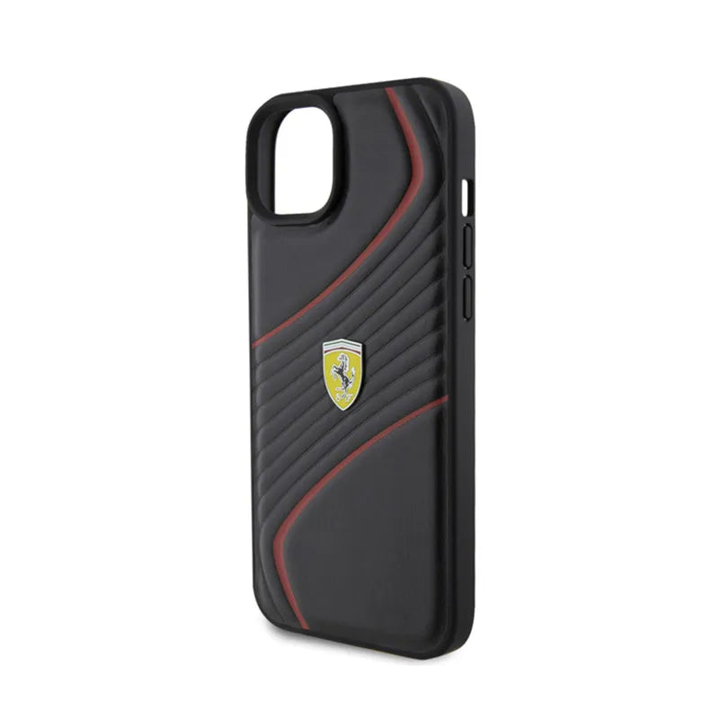 Ferrari Twist Metal Logo – dėklas iPhone 15 Plus telefonui (juodas)