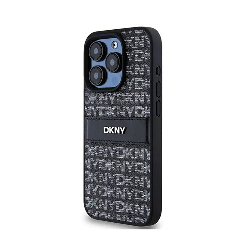 DKNY Leather Mono Stripe & Metal Logo – dėklas iPhone 15 Pro Max (juodas)