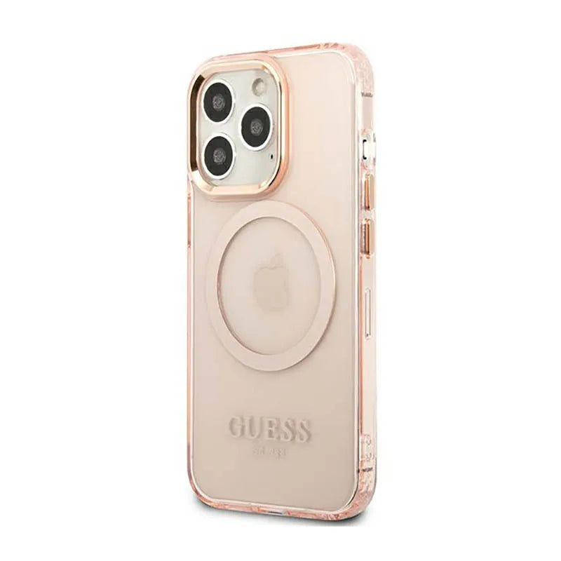 „Guess Gold Outline Translucent MagSafe“ – dėklas „iPhone 13 Pro“ (rožinis)