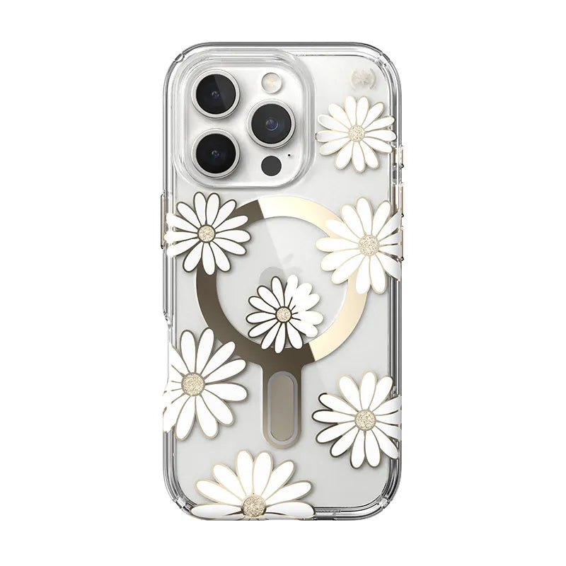 Speck Presidio Lux ClickLock & MagSafe - iPhone 16 Pro dėklas (Sunshine Daisies / Skaidrus / Auksinis)