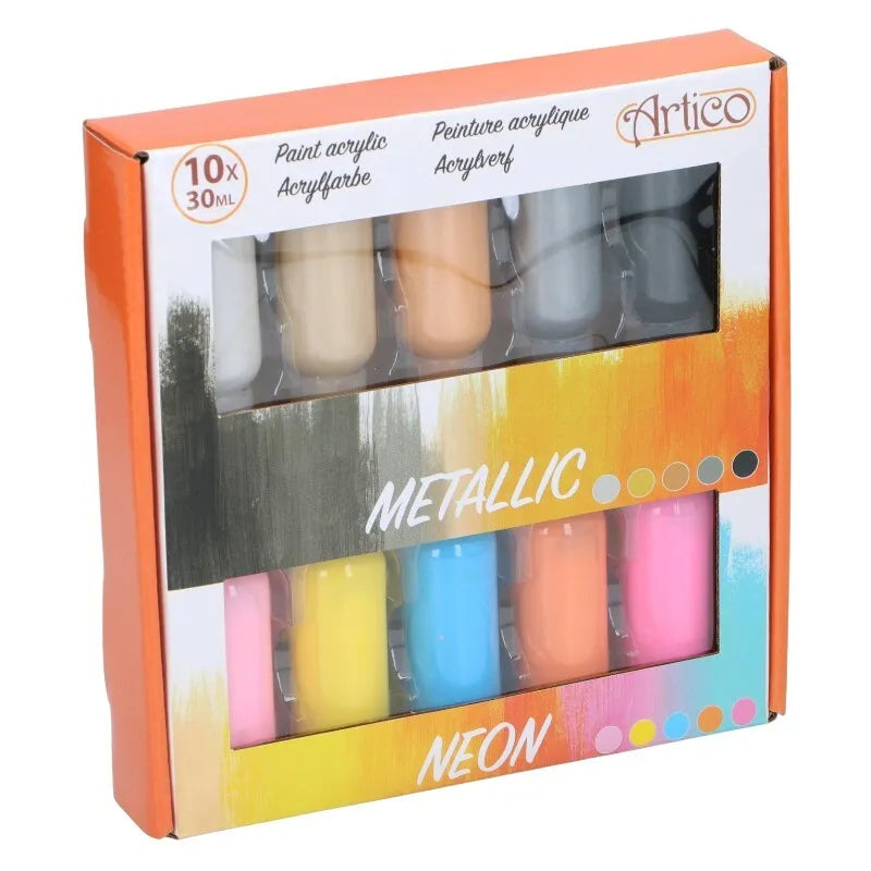 Artico – neoninių / metalizuotų akrilinių dažų rinkinys tūbelėse, 30 ml