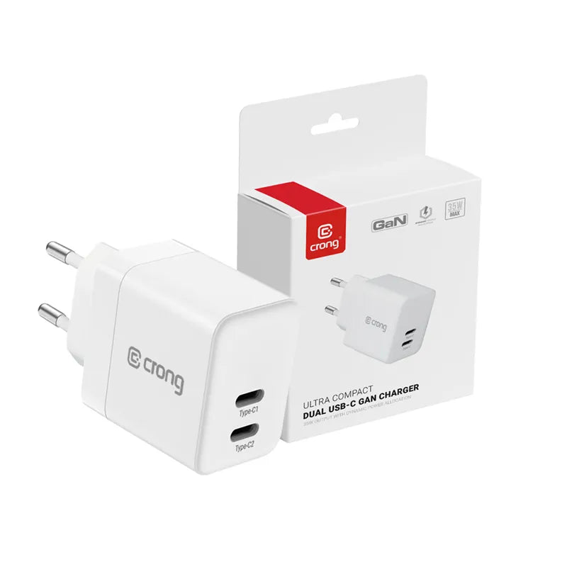 Crong Ultra Compact GaN – sieninis įkroviklis 2x USB-C 35W PD 3.0 su PPS (baltas)