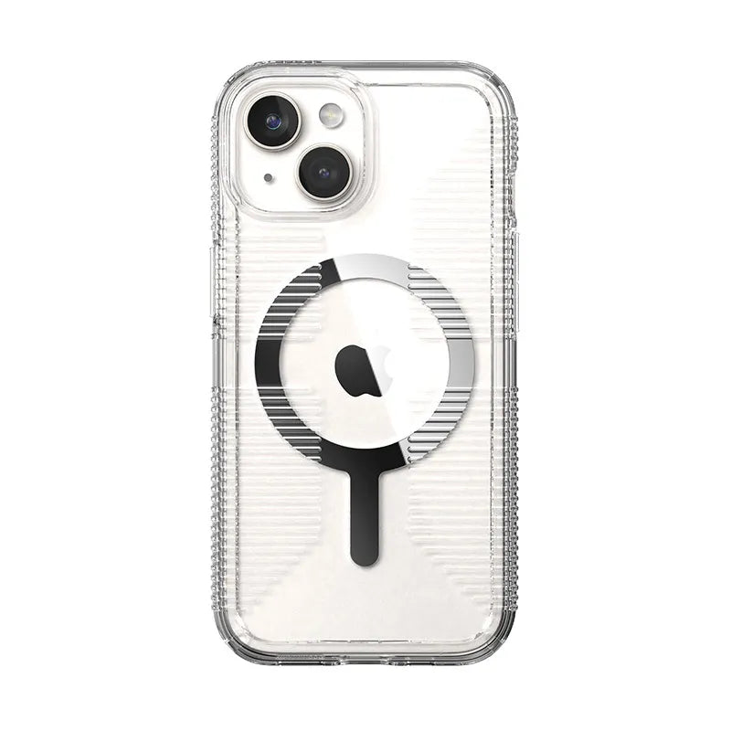 Speck Gemshell Grip + MagSafe – dėklas iPhone 17e / 16e / 15 / 14 / 13 (skaidrus / chromo apdaila)