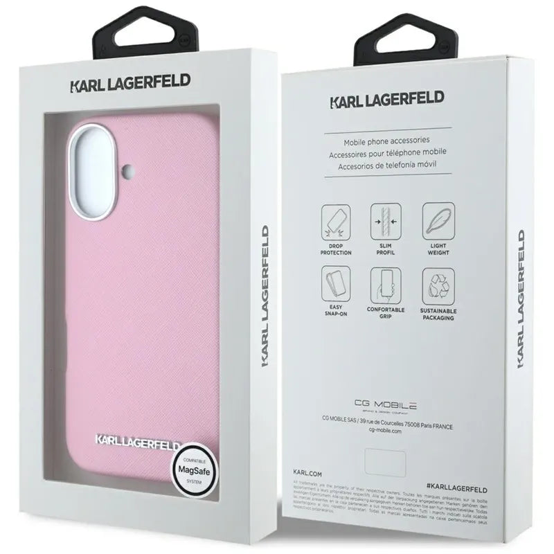 Karl Lagerfeld Saffiano Full Wrapped Elongated Metal Logo MagSafe - dėklas iPhone 16 (rožinis)