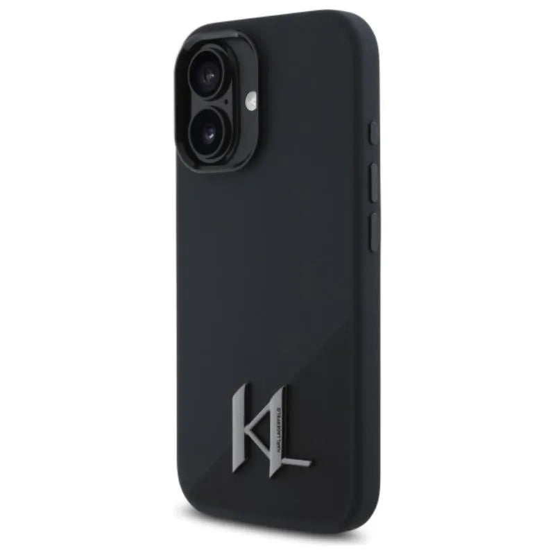 Karl Lagerfeld Silicone Shadow Metal Initial MagSafe – dėklas, skirtas iPhone 16 (juodas)