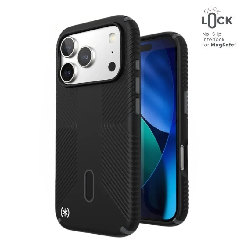 Speck Presidio2 Grip ClickLock & MagSafe – iPhone 17 Pro dėklas (juodas / pilkas / baltas)